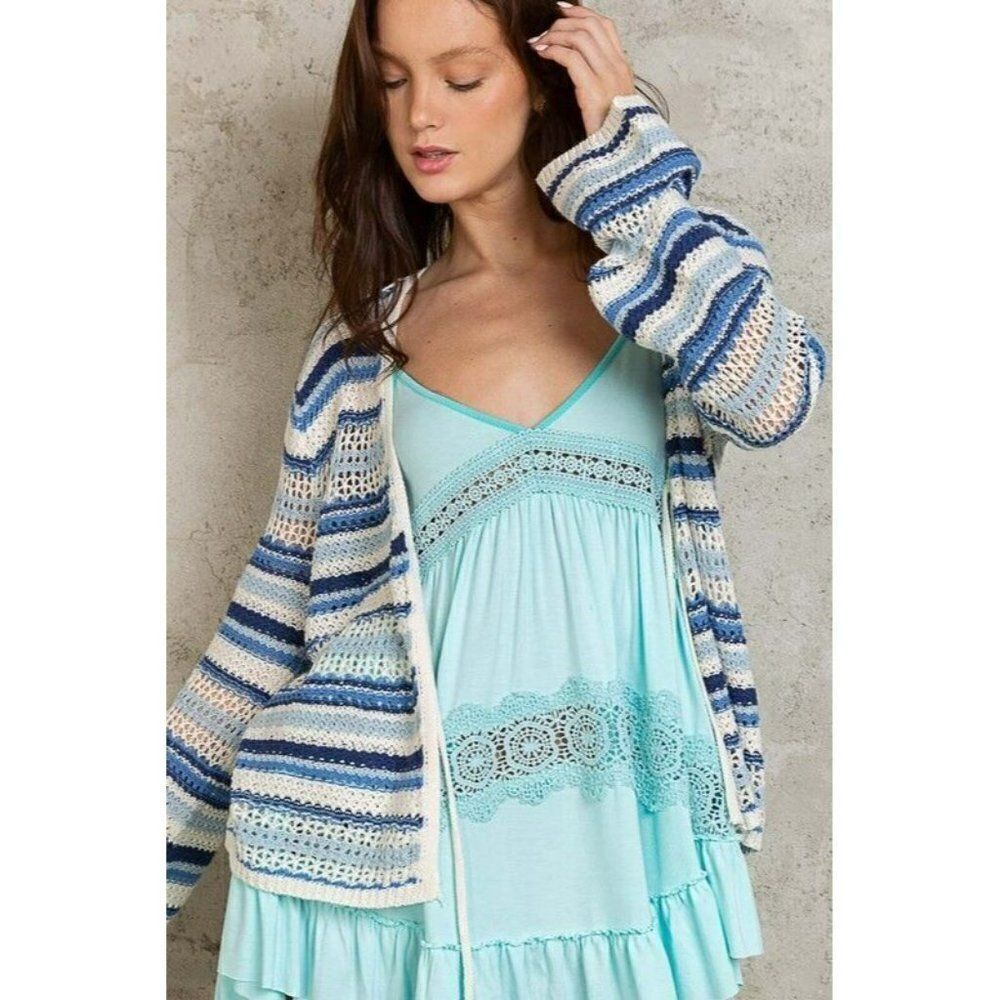 POL Head in the Clouds Lightweight Open Cardigan Sweater in Ivory Blue YST263 - Picture 2 of 4